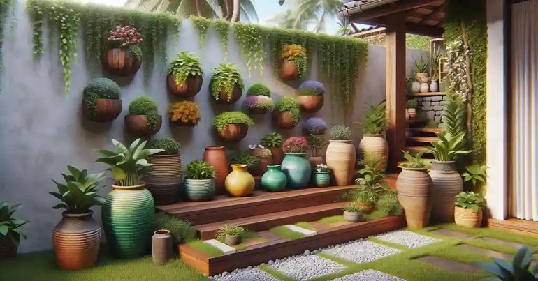 25 Landskap Taman Mini Simple di Rumah 2024 24 Penggunaan Pasu Berwarna warni 1