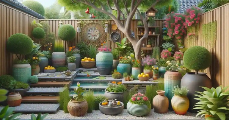 25 Landskap Taman Mini Simple di Rumah 2024 26 Penggunaan Pasu Berwarna warni 3