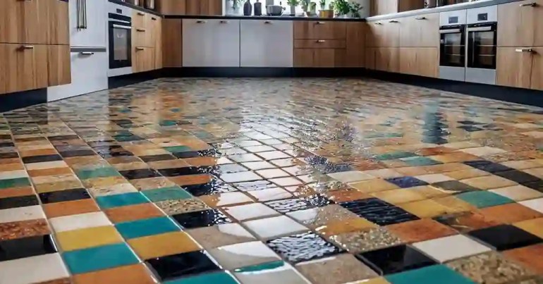 25 Idea Lantai Dapur Moden Terkini di Malaysia 2024 2 1. Jubin Mozek Berwarna Warni