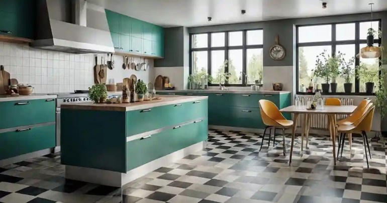 25 Idea Lantai Dapur Moden Terkini di Malaysia 2024 12 11. Lantai Vinyl Corak Retro