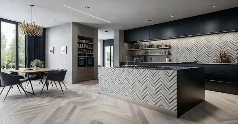 25 Idea Lantai Dapur Moden Terkini di Malaysia 2024 13 12. Jubin Corak Chevron