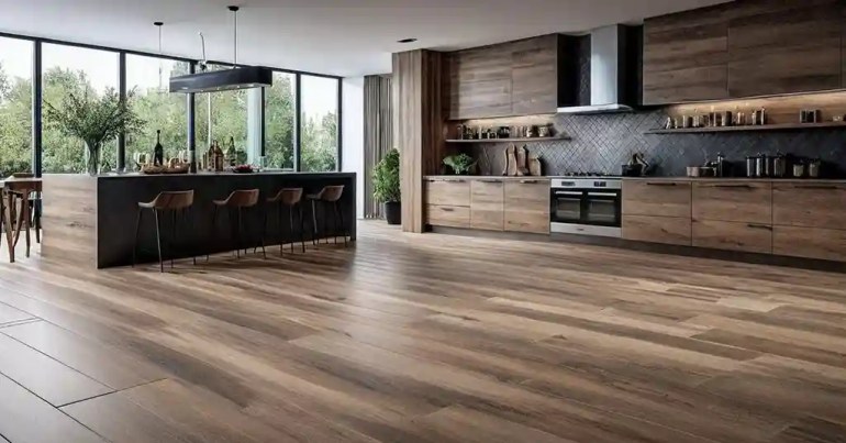 25 Idea Lantai Dapur Moden Terkini di Malaysia 2024 17 16. Lantai Jubin Imitasi Kayu