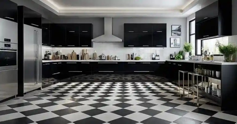 25 Idea Lantai Dapur Moden Terkini di Malaysia 2024 19 18. Lantai Jubin Putih dan Hitam