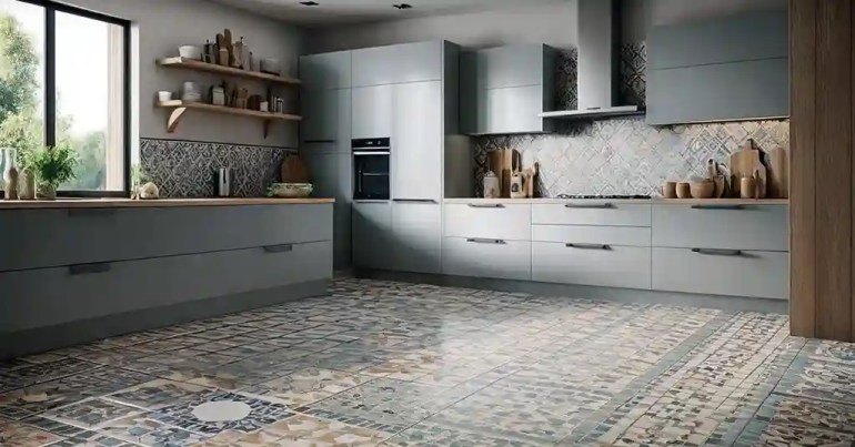 25 Idea Lantai Dapur Moden Terkini di Malaysia 2024 20 19. Jubin Lantai dengan Corak Terbina