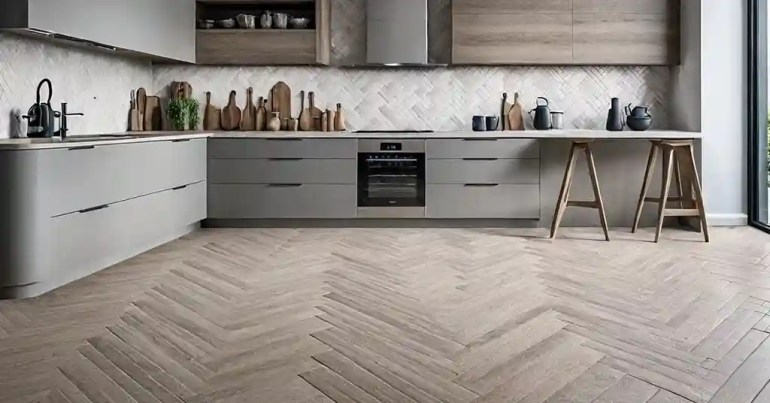 25 Idea Lantai Dapur Moden Terkini di Malaysia 2024 3 2. Corak Herringbone