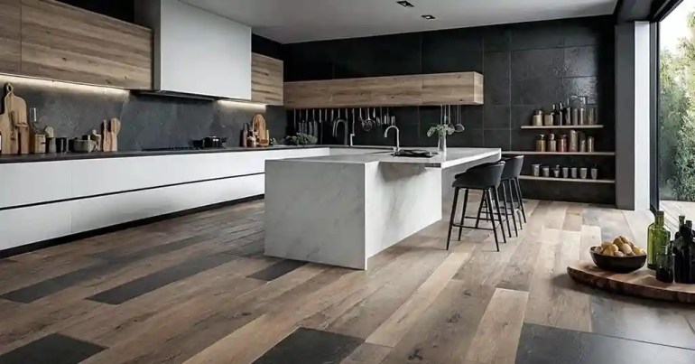 25 Idea Lantai Dapur Moden Terkini di Malaysia 2024 21 20. Lantai Jubin Kombinasi Bahan