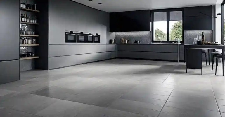 25 Idea Lantai Dapur Moden Terkini di Malaysia 2024 23 22. Jubin Warna Monokrom dengan Tekstur