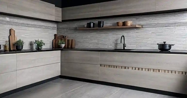 25 Idea Lantai Dapur Moden Terkini di Malaysia 2024 24 23. Jubin dengan Rekaan Corak Linear