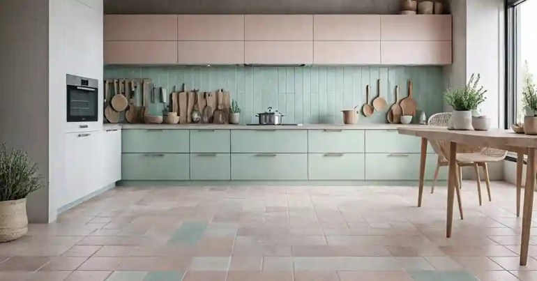 25 Idea Lantai Dapur Moden Terkini di Malaysia 2024 25 24. Jubin dengan Warna Pastel