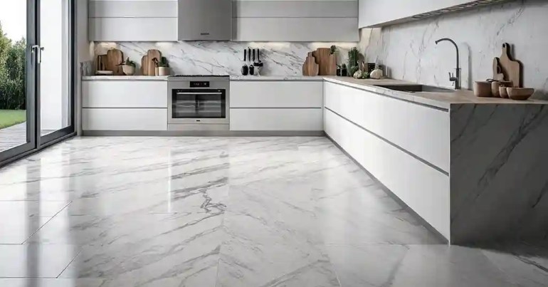 25 Idea Lantai Dapur Moden Terkini di Malaysia 2024 26 25. Lantai Kalis Air dengan Corak Marmer