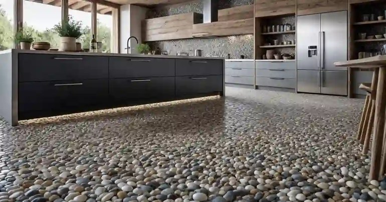 25 Idea Lantai Dapur Moden Terkini di Malaysia 2024 9 8. Lantai Pebble untuk Dapur